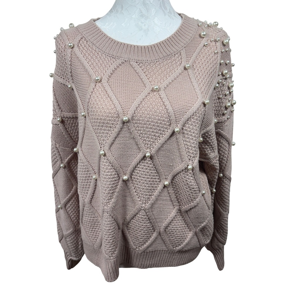 Karlie Cable Knit Long Sleeve Crewneck Diamond Pearl Pullover Sweater Womens M